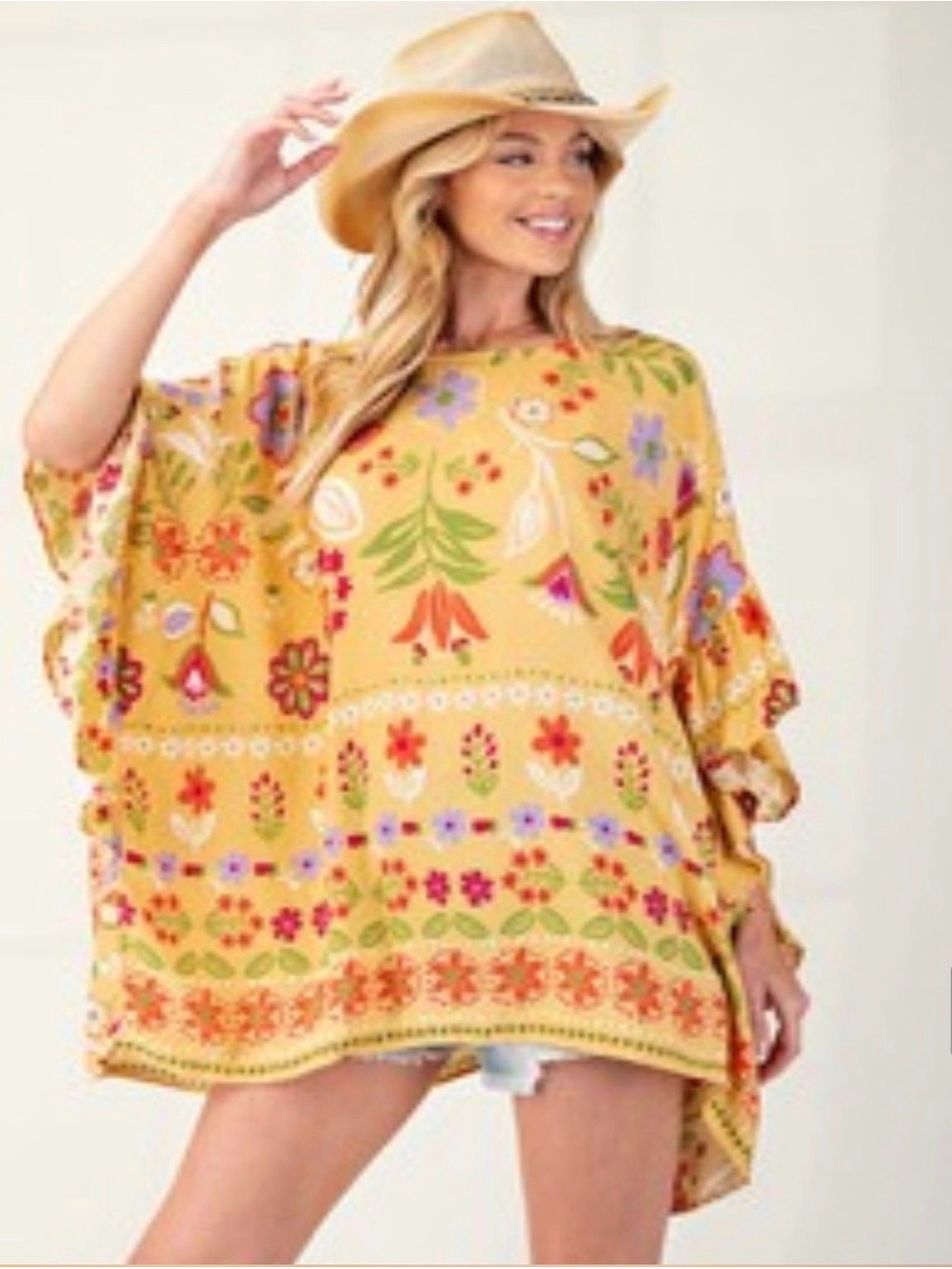 Easel Boho Floral Yellow Poncho Top - Large (Oversized up to 3X)